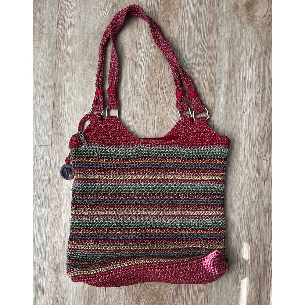The Sak Crochet Striped‎ Shoulder Bag Red Multi Color Zip Pocket Tote Handbag